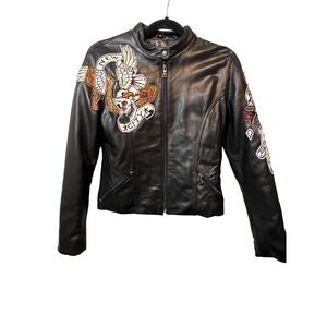 Ed Hardy Leather Jacket Womens‎ M Black Motorcycle Biker Embroidered Skull